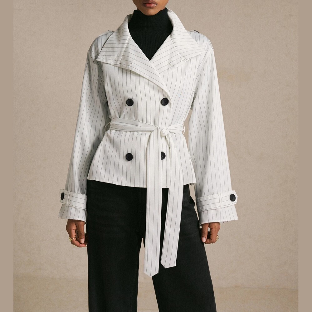 White / Black Pinstripe Double Breasted Belted Short Lightweight Trench Jacket